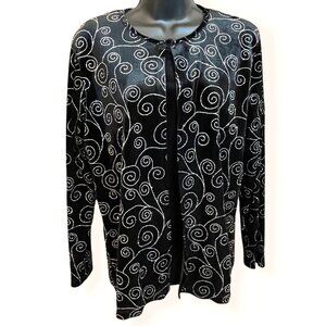 Notations Womens Black Velvet Open Front Jacket With Silver Swirl Pattern Size M